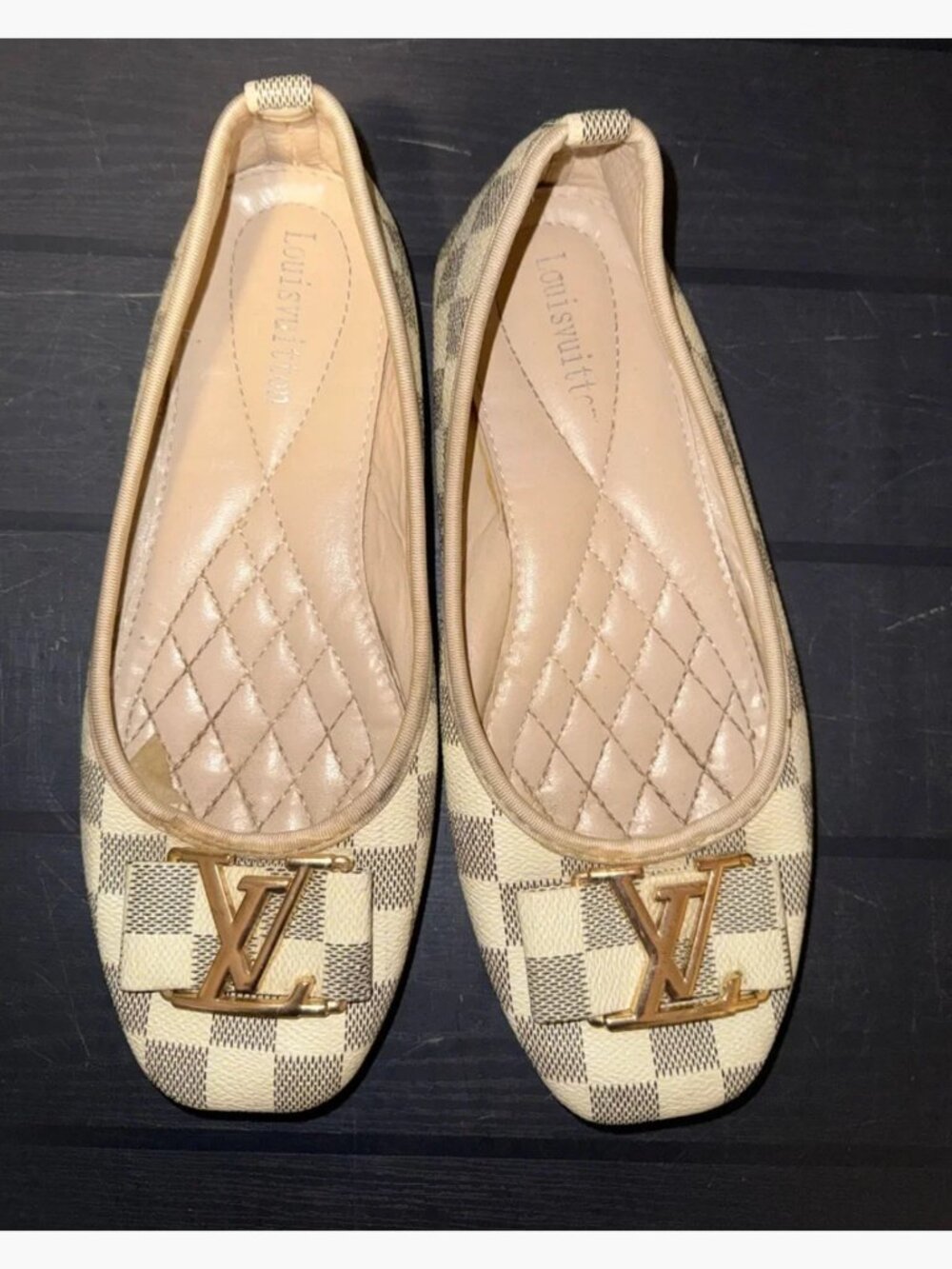 Louis Vuitton Damier Azur Checkered Canvas Ballet Flats with Gold LV Hardware